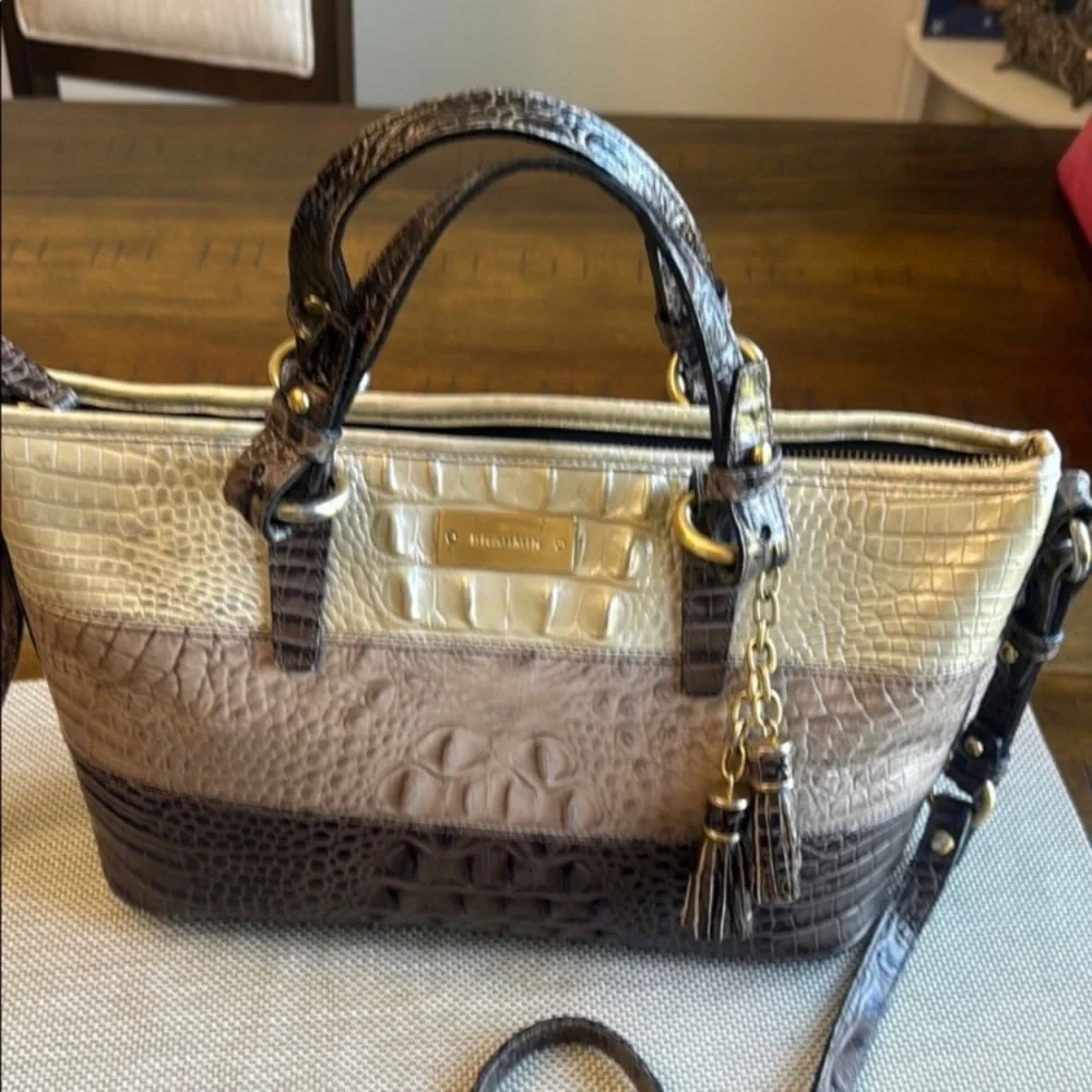 Brahmin Brown and Cream Satchel with Croc Embossed Leather - Picture 7 of 15